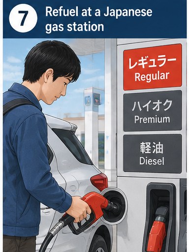 在日本加油站選擇紅色 Regular 汽油加滿