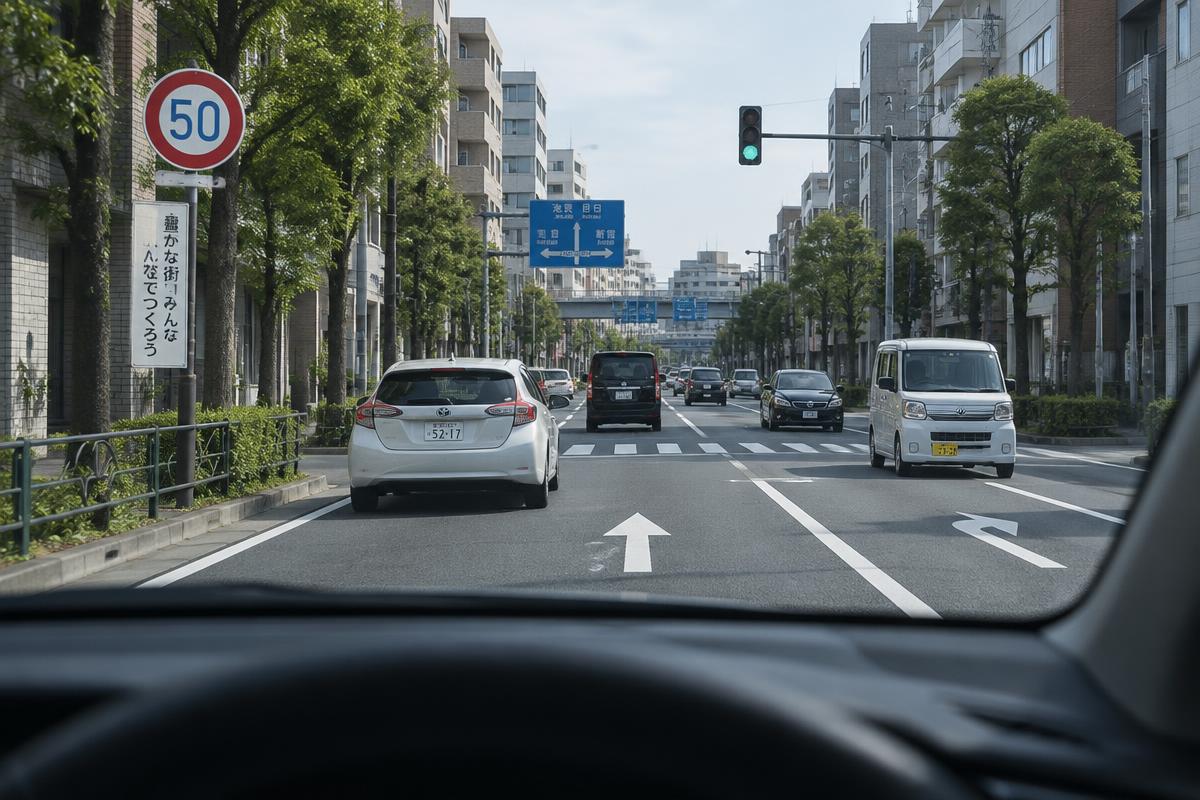 駕駛視角下的日本左側通行道路與速限標誌