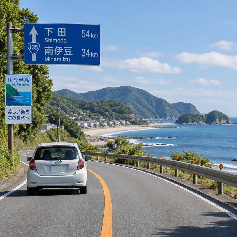 租賃汽車行駛於伊豆半島海岸道路