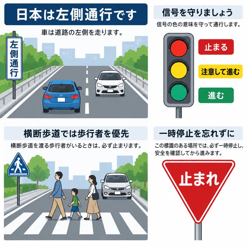 日本左側通行、交通燈、行人優先與停車標誌示意
