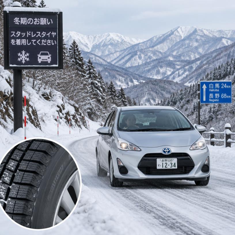 配備冬季胎的租賃汽車行駛於日本雪路